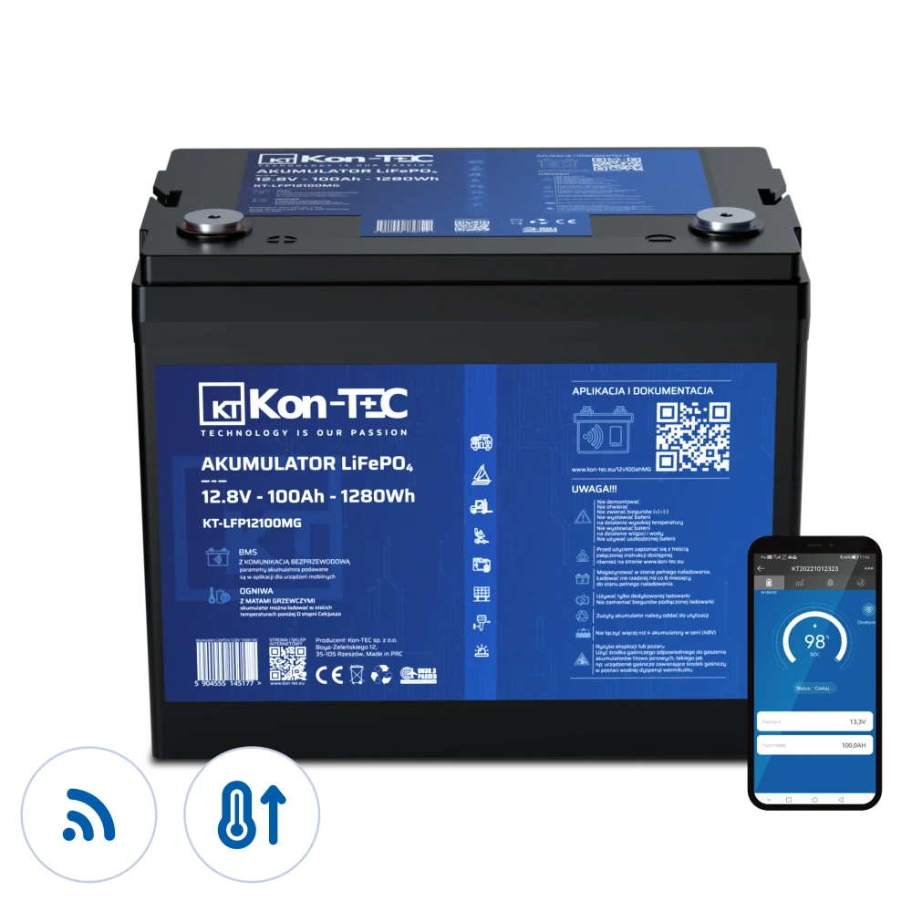 ❄️Baterie Kon-Tec Blue Line KT-LFP12100 Lithium-železo-fosfátová LiFePO4 baterie 12V, 12,8V 100Ah, 1280Wh - Wireless BMS System + funkce ohřevu baterie