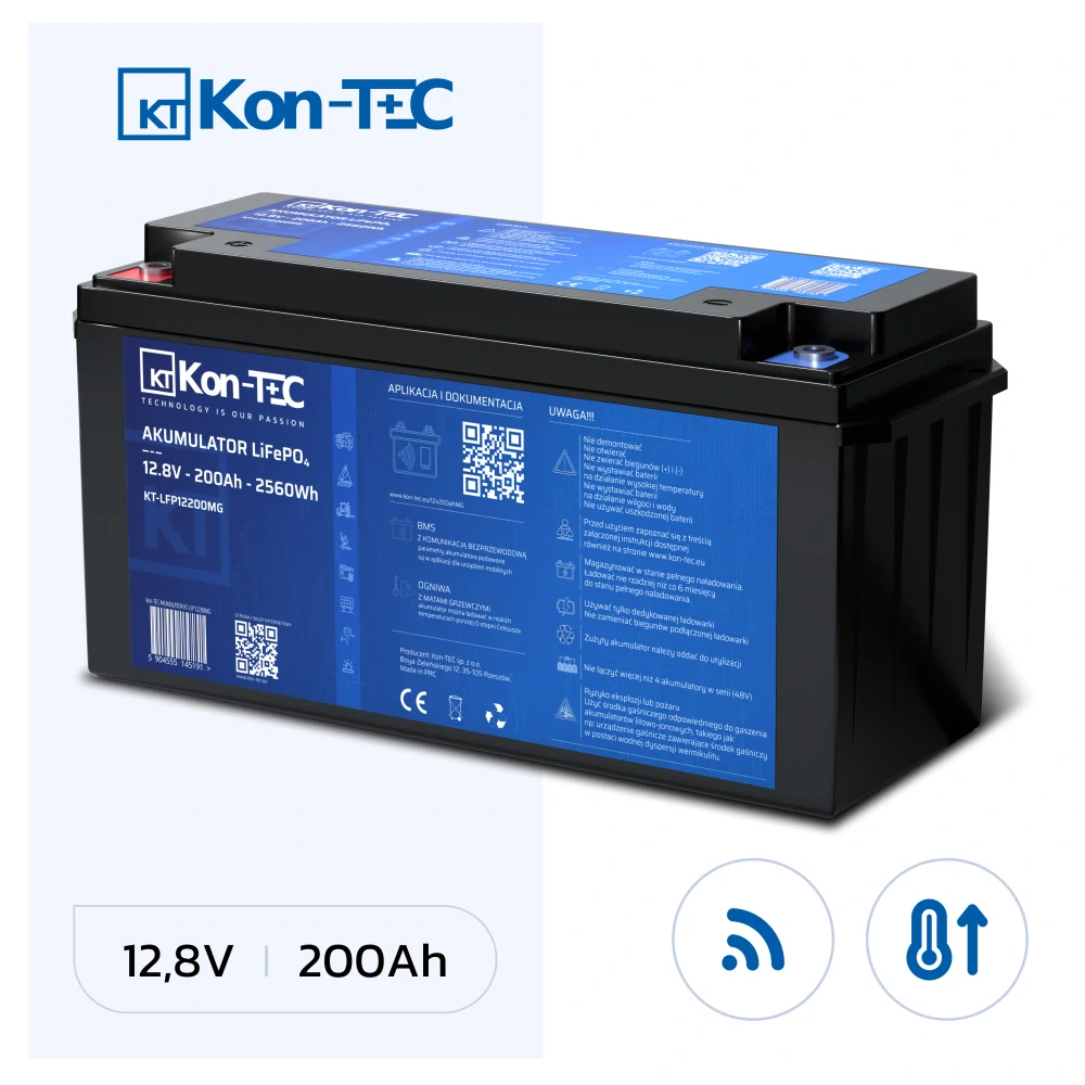 ❄️Baterie Kon-Tec Blue Line KT-LFP12200 Lithium-železo-fosfátová LiFePO4 baterie 12V, 12,8V 200Ah, 2560Wh - Wireless BMS System + funkce ohřevu baterie