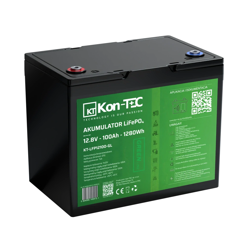 ❄️Baterie Kon-Tec KT-LFP12100-GL Green Line Lithium-železo-fosfátová LiFePO4 baterie 12V, 12,8V 100Ah, 1280Wh - Wireless BMS System + funkce ohřevu baterie | Aplikace v češtině