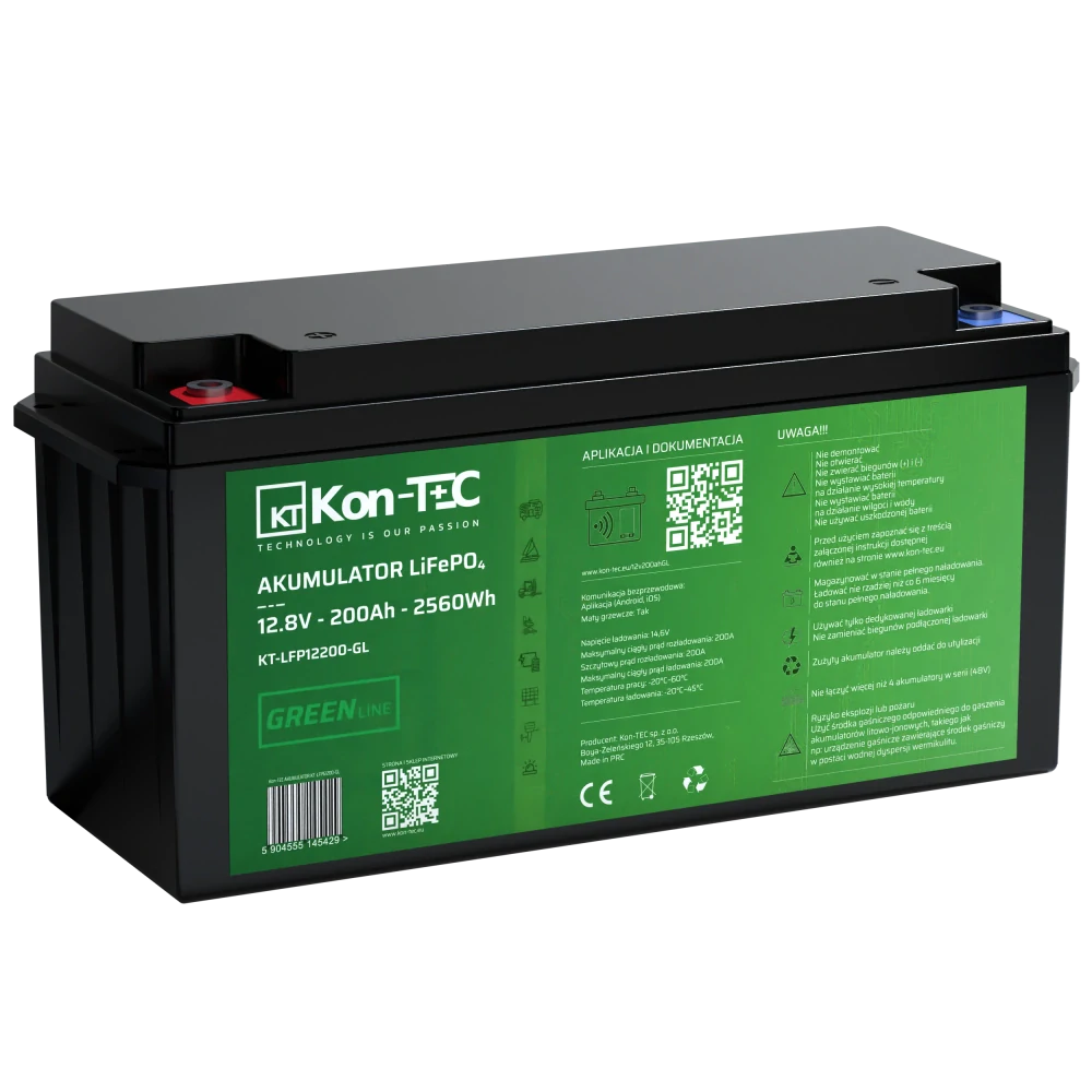 ❄️Baterie Kon-Tec KT-LFP12200-GL Green Line Lithium-železo-fosfátová LiFePO4 baterie 12V, 12,8V 200Ah, 2560Wh - Wireless BMS System + funkce ohřevu baterie | Aplikace v češtině