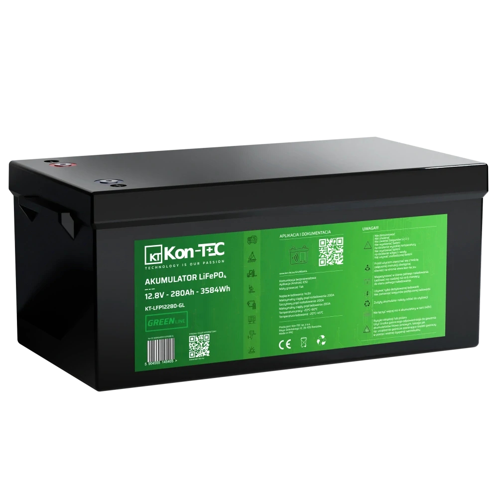 ❄️Baterie Kon-Tec KT-LFP12280-GL Green Line Lithium-železo-fosfátová LiFePO4 baterie 12V, 12,8V 280Ah, 3584Wh - Wireless BMS System + funkce ohřevu baterie | Aplikace v češtině