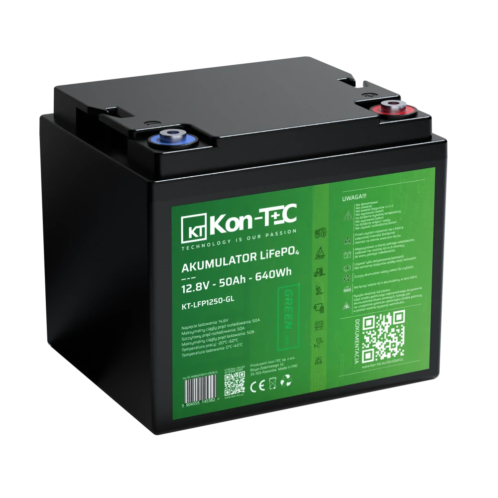 Baterie Kon-Tec KT-LFP1250-GL Green Line Lithium-železo-fosfátová LiFePO4 baterie 12V, 12,8V 50Ah, 640Wh Wireless BMS System