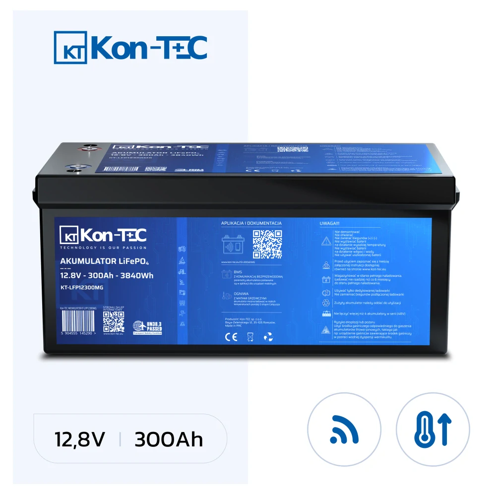 ❄️Baterie Kon-Tec KT-LFP12300 Lithium-železo-fosfátová LiFePO4 baterie 12V, 12,8V 300Ah, 3840Wh - Wireless BMS System + funkce ohřevu baterie
