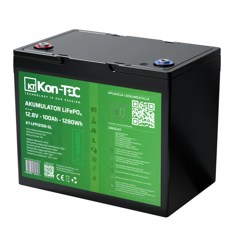 ❄️Baterie Kon-Tec KT-LFP12100-GL Green Line Lithium-železo-fosfátová LiFePO4 baterie 12V, 12,8V 100Ah, 1280Wh - Wireless BMS System + funkce ohřevu baterie | Aplikace v češtině
