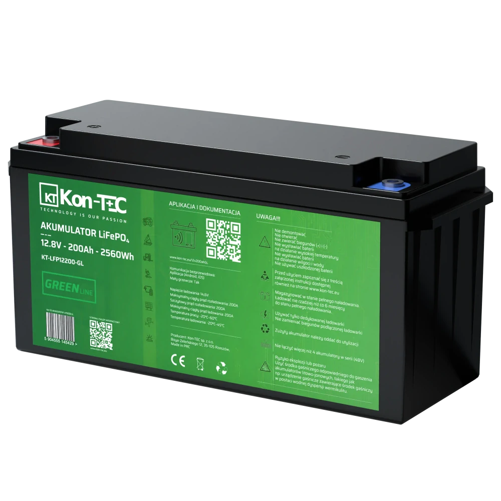 ❄️Baterie Kon-Tec KT-LFP12200-GL Green Line Lithium-železo-fosfátová LiFePO4 baterie 12V, 12,8V 200Ah, 2560Wh - Wireless BMS System + funkce ohřevu baterie | Aplikace v češtině