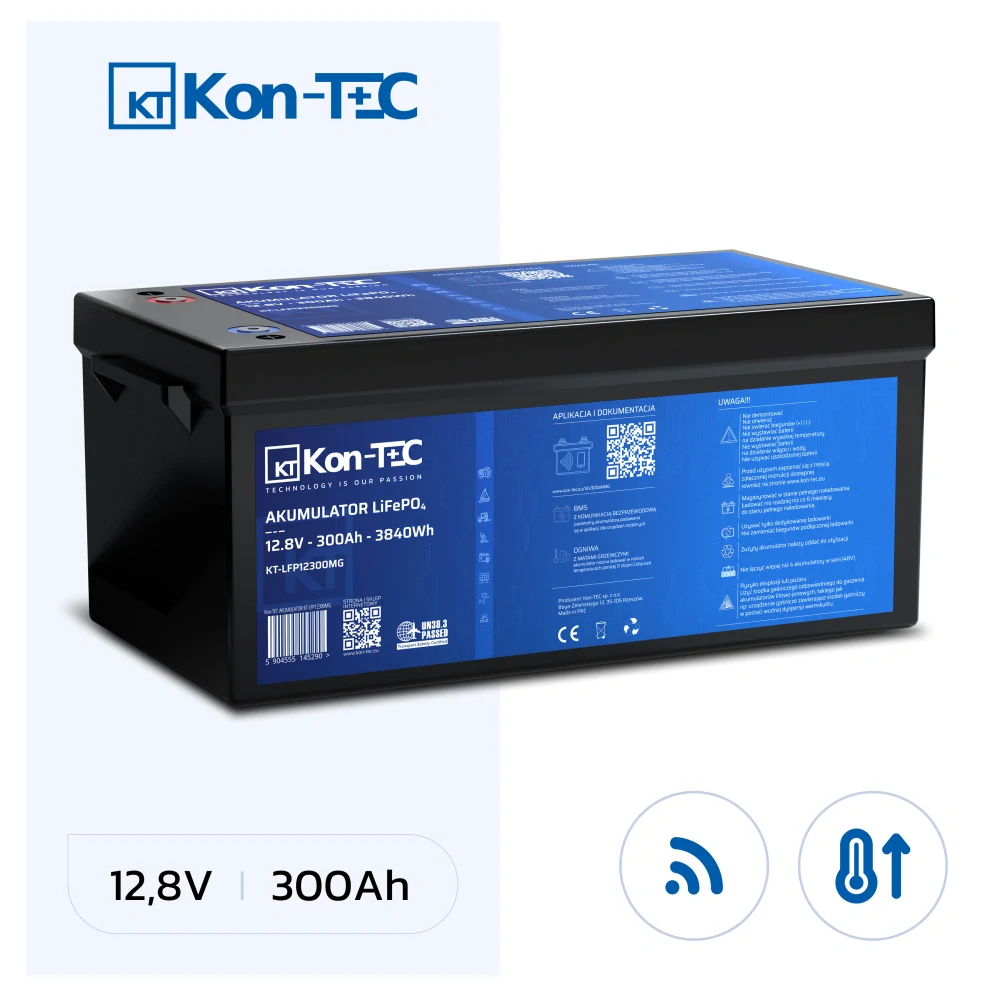 ❄️Baterie Kon-Tec KT-LFP12300 Lithium-železo-fosfátová LiFePO4 baterie 12V, 12,8V 300Ah, 3840Wh - Wireless BMS System + funkce ohřevu baterie