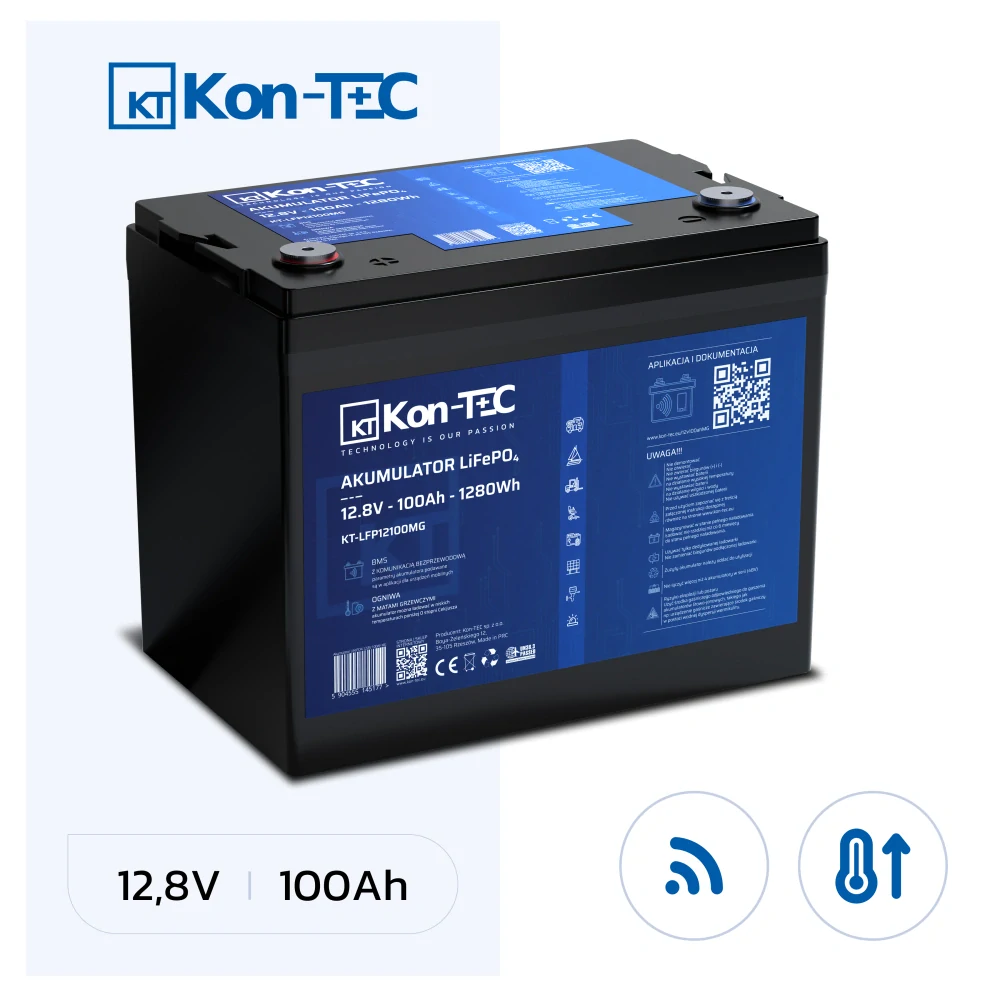 ❄️Baterie Kon-Tec Blue Line KT-LFP12100 Lithium-železo-fosfátová LiFePO4 baterie 12V, 12,8V 100Ah, 1280Wh - Wireless BMS System + funkce ohřevu baterie