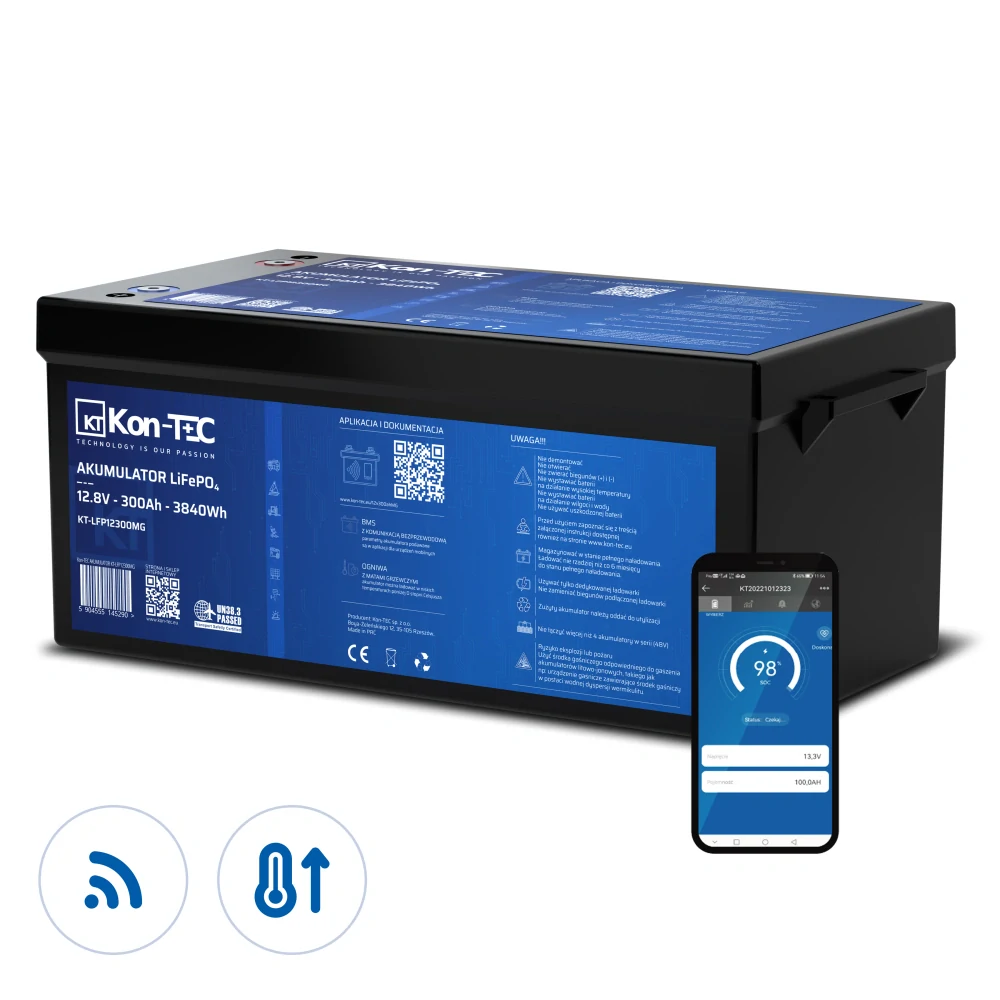 ❄️Baterie Kon-Tec KT-LFP12300 Lithium-železo-fosfátová LiFePO4 baterie 12V, 12,8V 300Ah, 3840Wh - Wireless BMS System + funkce ohřevu baterie