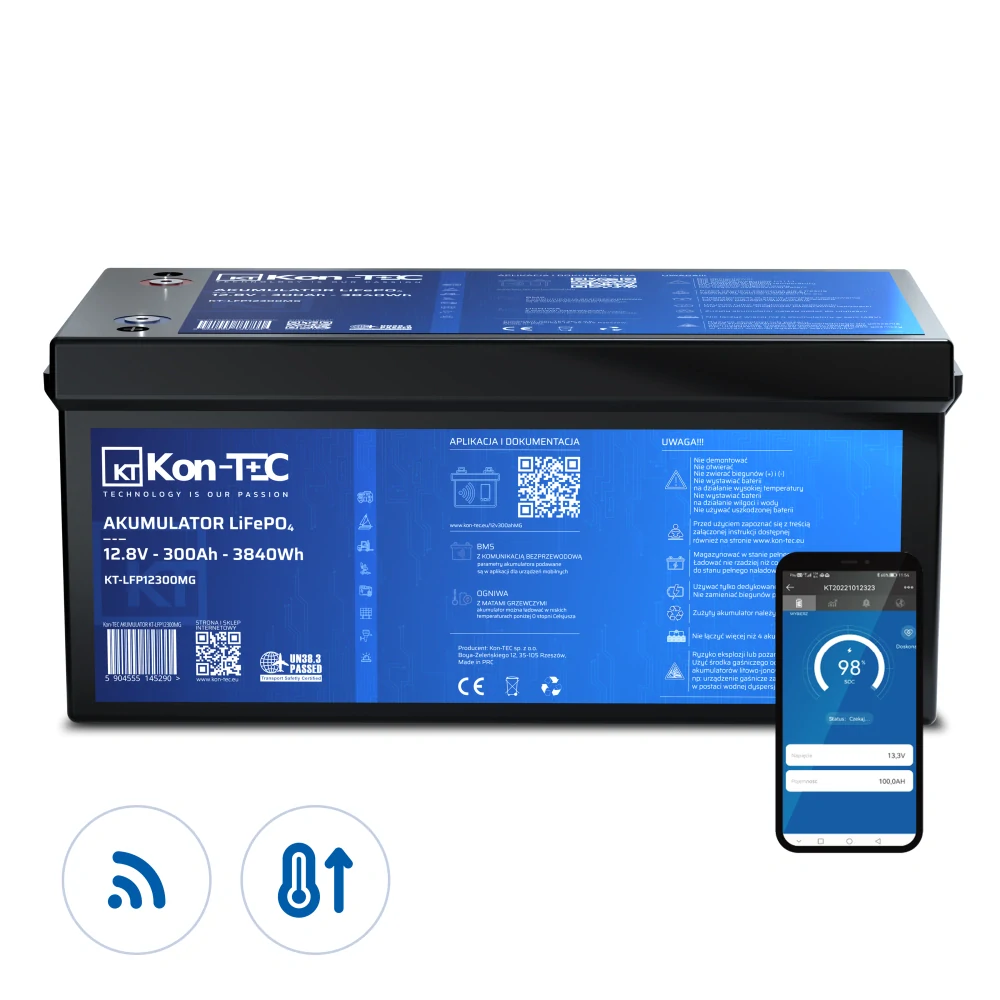 ❄️Baterie Kon-Tec KT-LFP12300 Lithium-železo-fosfátová LiFePO4 baterie 12V, 12,8V 300Ah, 3840Wh - Wireless BMS System + funkce ohřevu baterie