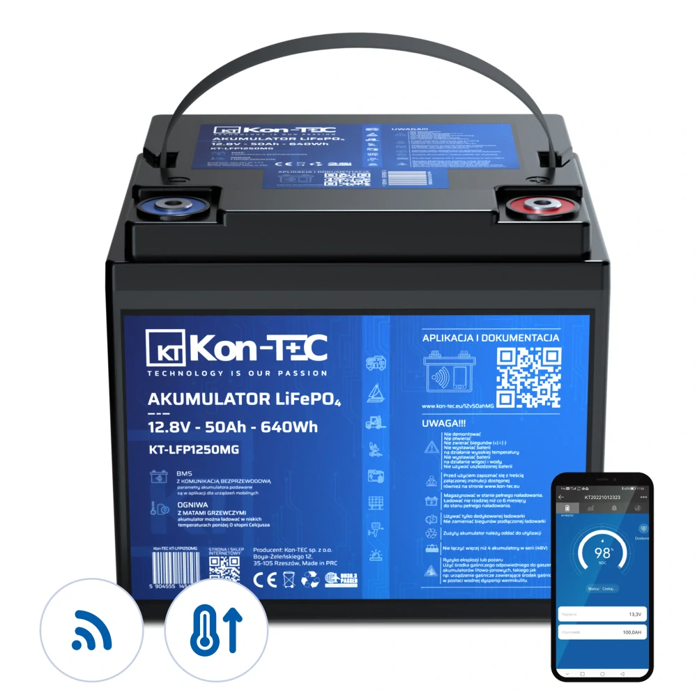 ❄️Baterie Kon-Tec Blue Line KT-LFP1250 Lithium-železo-fosfátová LiFePO4 baterie 12V, 12,8V 50Ah, 640Wh - Wireless BMS System + funkce ohřevu baterie