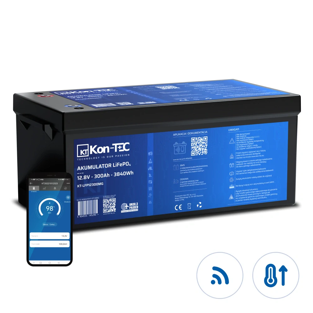 ❄️Baterie Kon-Tec KT-LFP12300 Lithium-železo-fosfátová LiFePO4 baterie 12V, 12,8V 300Ah, 3840Wh - Wireless BMS System + funkce ohřevu baterie