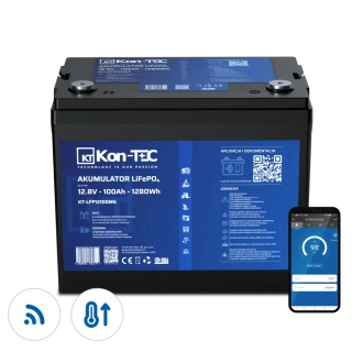 ❄️Baterie Kon-Tec Blue Line KT-LFP12100 Lithium-železo-fosfátová LiFePO4 baterie 12V, 12,8V 100Ah, 1280Wh - Wireless BMS System + funkce ohřevu baterie